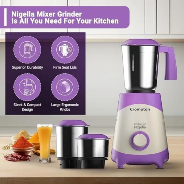 Crompton Nigella 500W Mixer Grinder, 3 Stainless Steel Jars